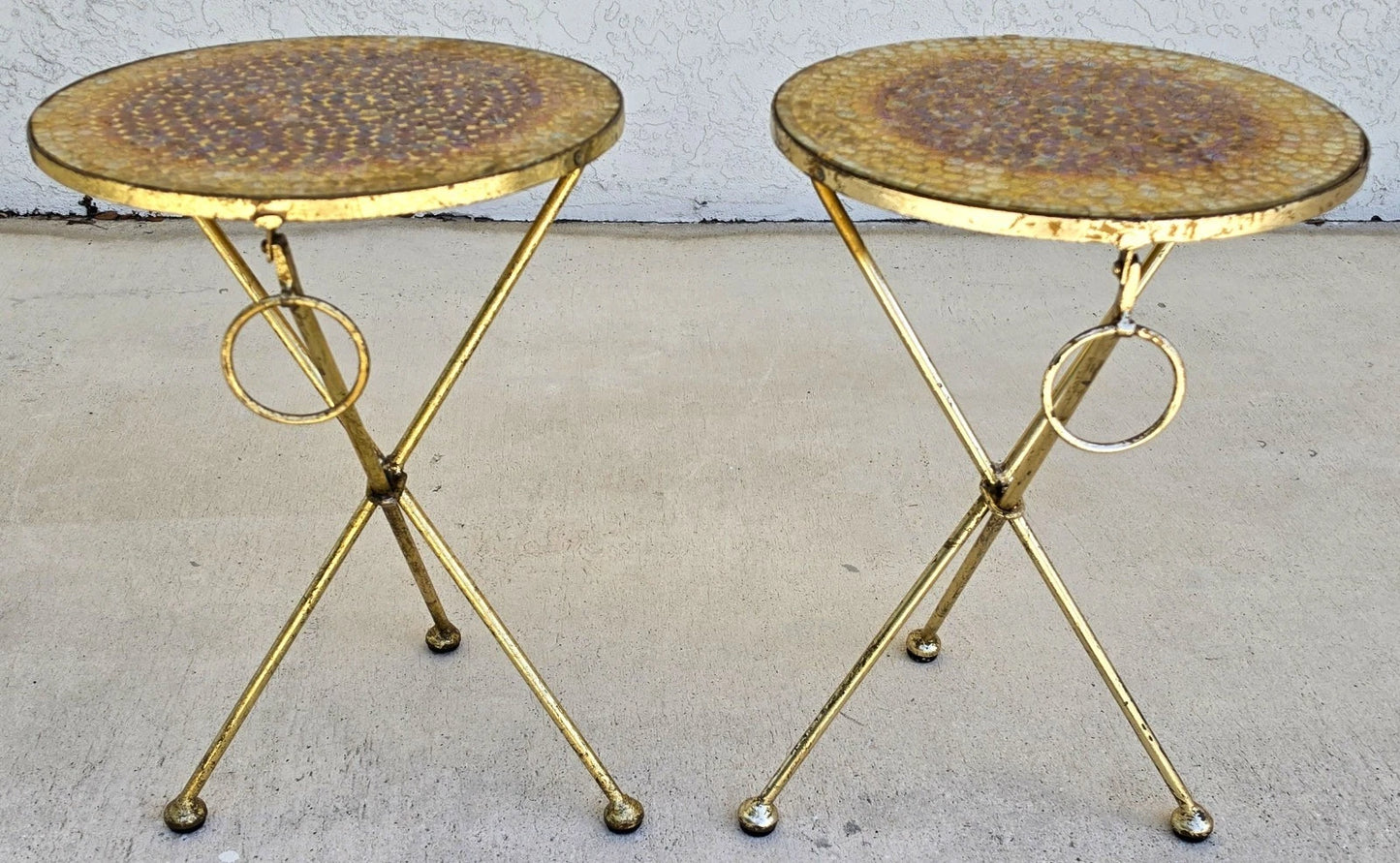 Italian Gold Gilt Folding Mosaic Side Drink Tables 1960s Pair