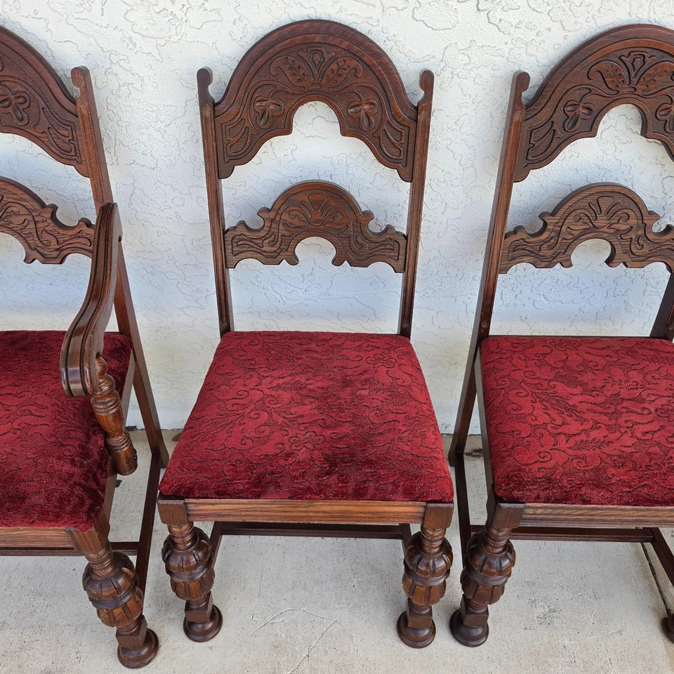 Antique English Oak Tudor Jacobean Dining Chairs 1930's Set of 4