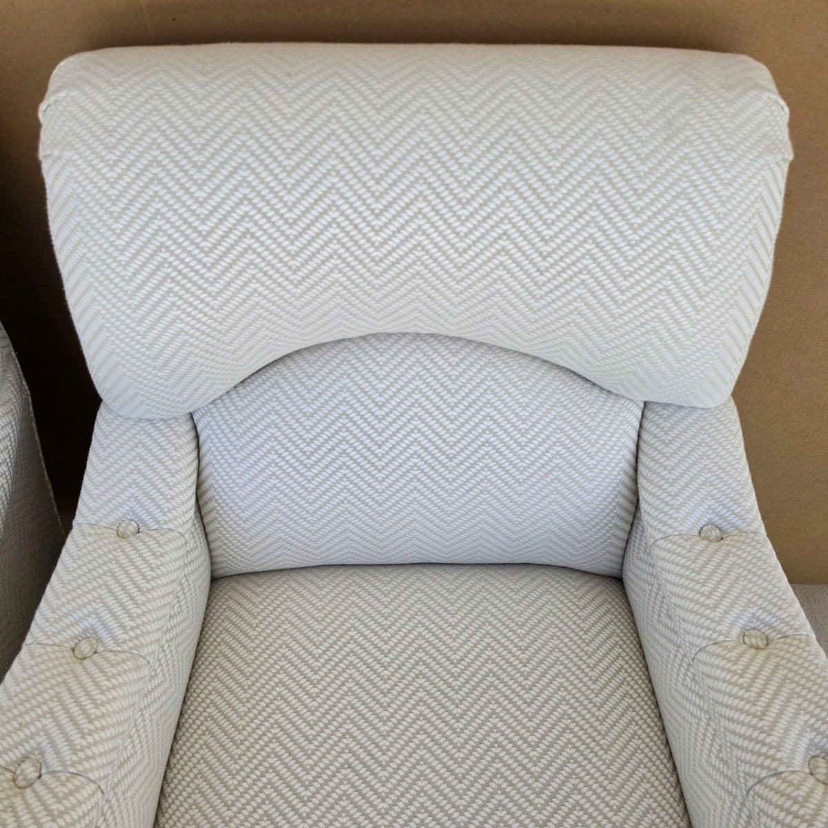 Pair Baker English Country Scroll Arm Lounge Chairs Tufted Herringbone Casters