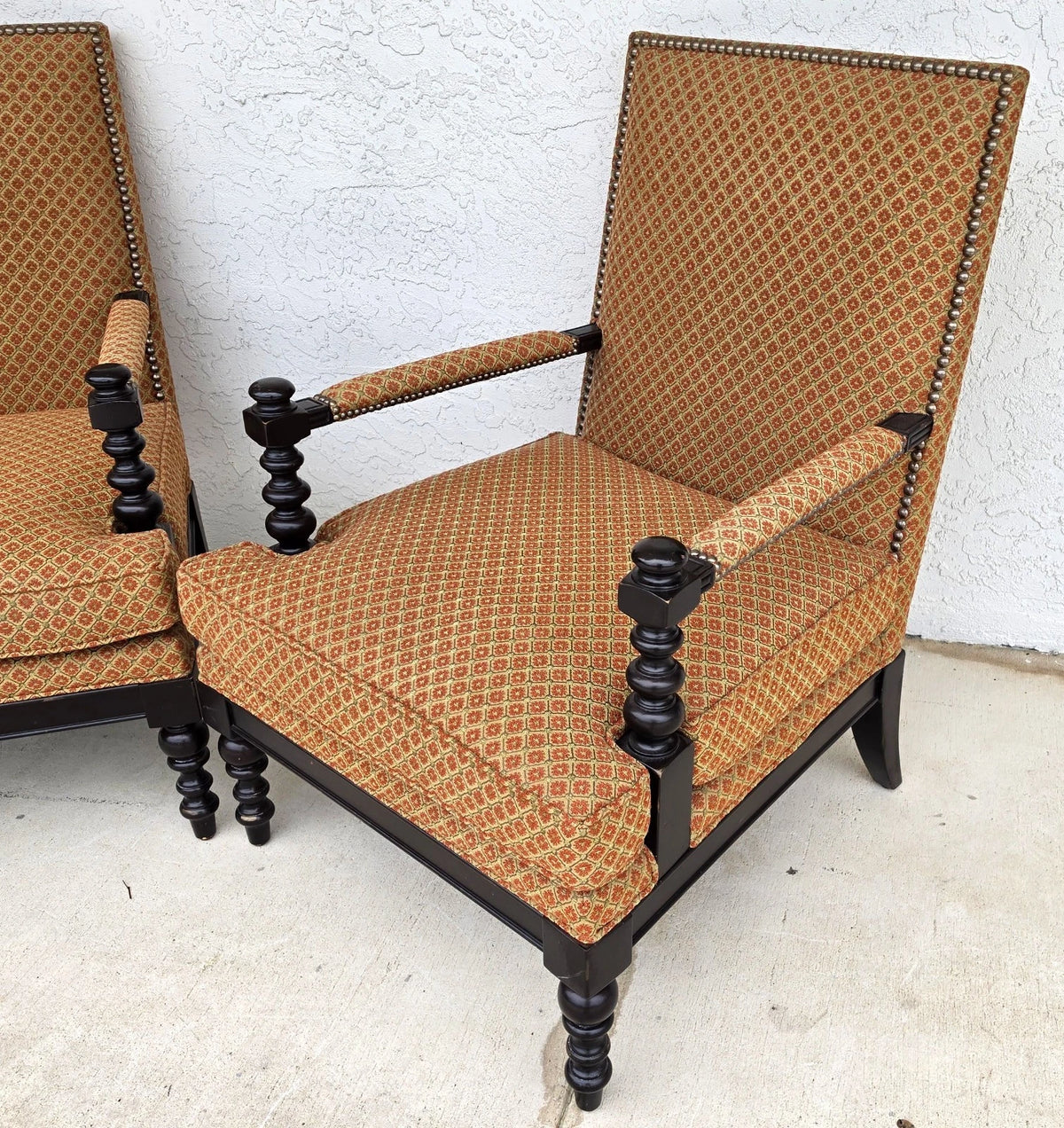 Jacobean Louis XIII Style Bobbin Turned Lounge Armchairs Ebonized Nailhead Pair
