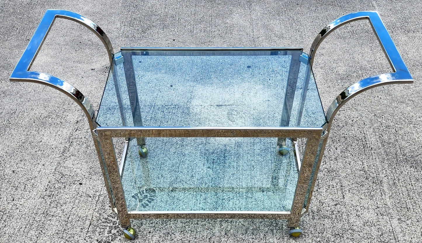 MCM Milo Baughman Style Chrome Bar Serving Cart 1970s