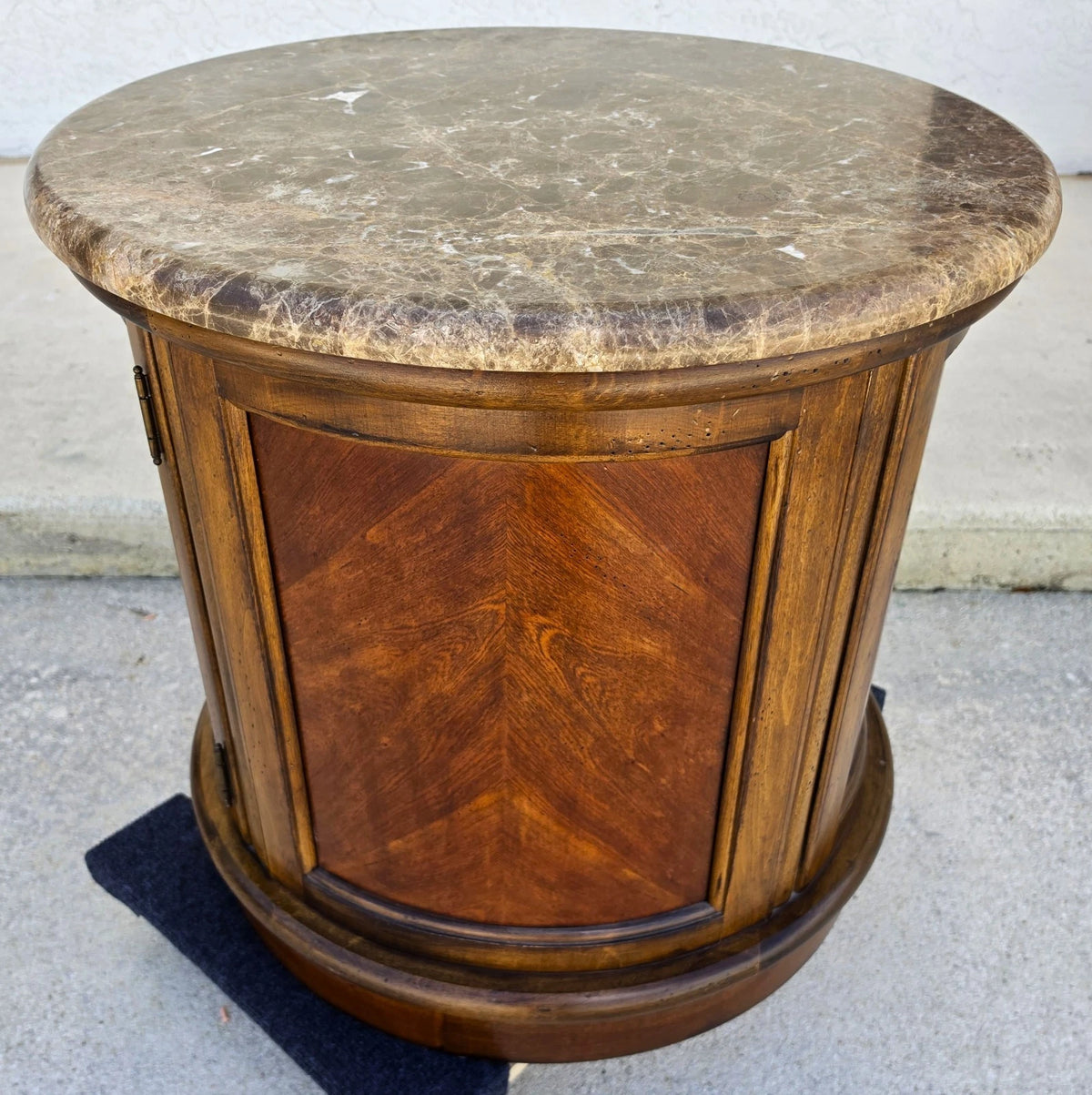 Vintage Round Brown Marble Top Drum Side Center Table With Storage Cabinet