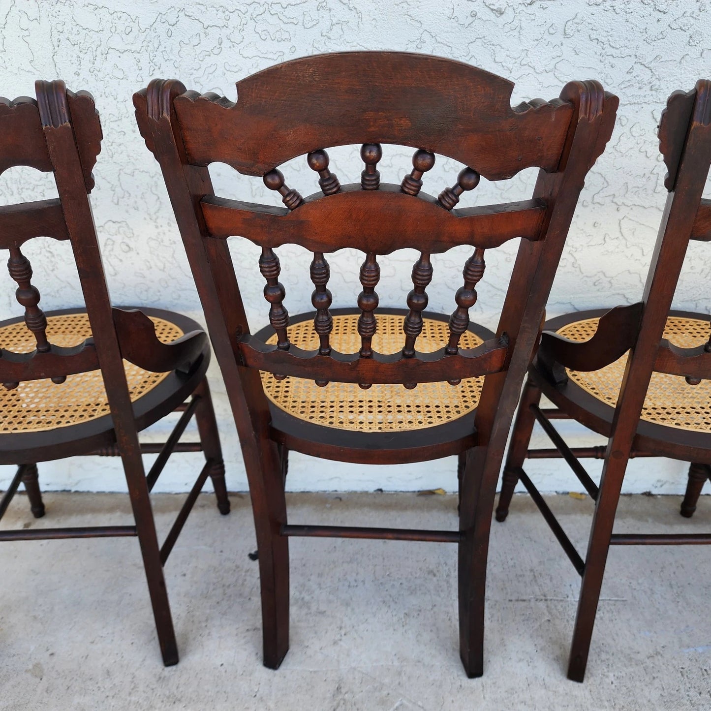 Antique Eastlake Victorian Style Walnut Cane Seat Side Dining Chairs Set of 4