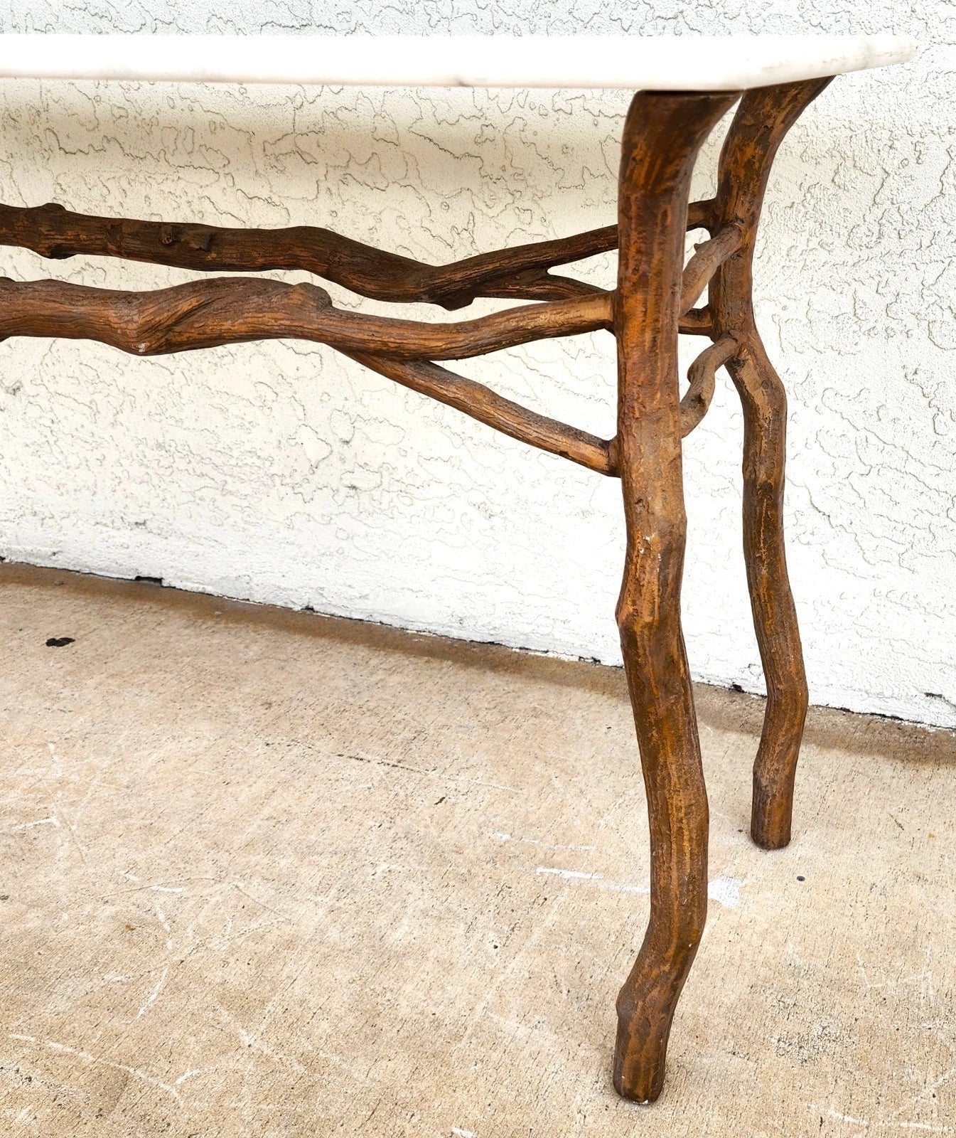 Vintage French Rustic Metal & Marble Faux Bois Branch Console Sofa Table