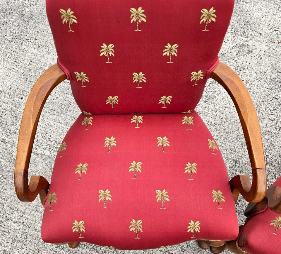 Vintage Queen Anne Gooseneck Armchairs with Palm Tree Upholstery Pair