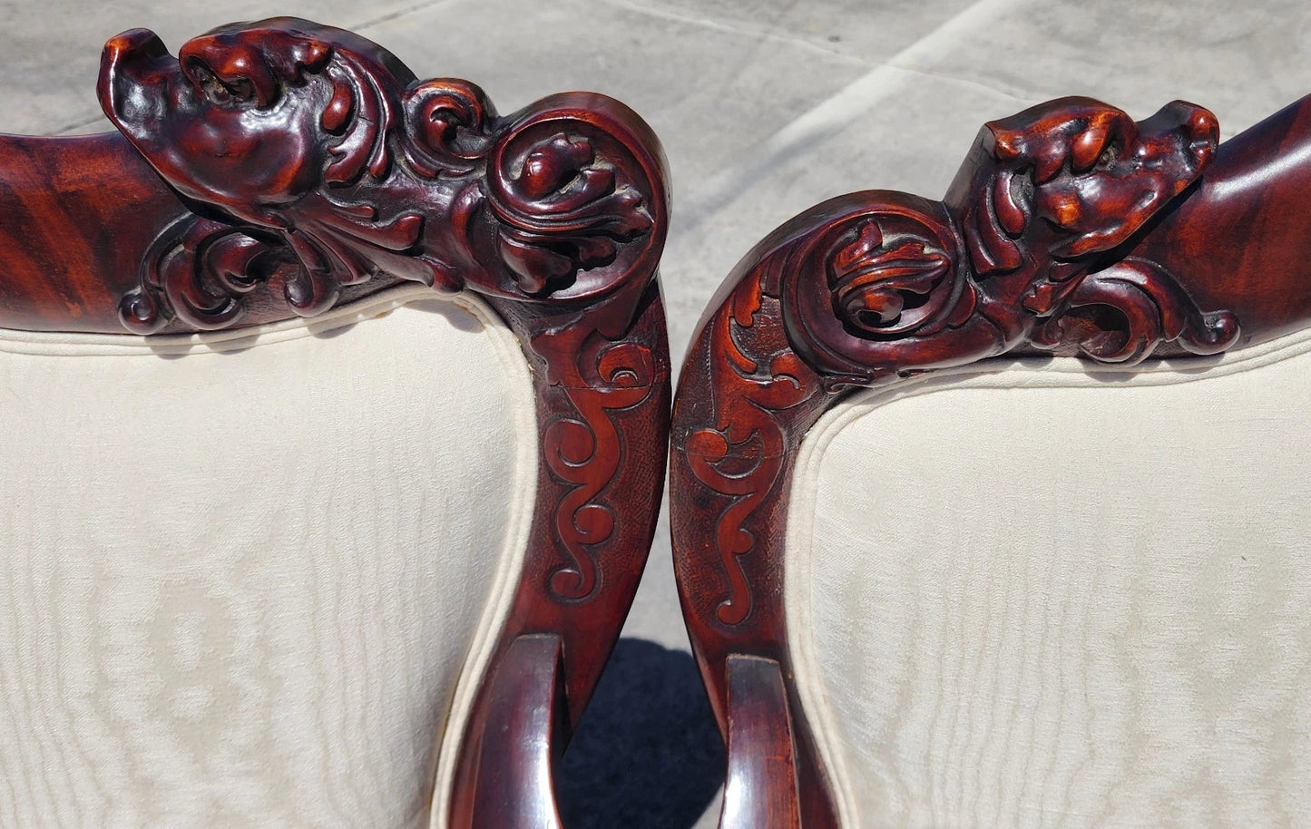 Antique Asian Rosewood Carved Foo Dogs Living Room Suite 3 Piece Sette 2 Chairs