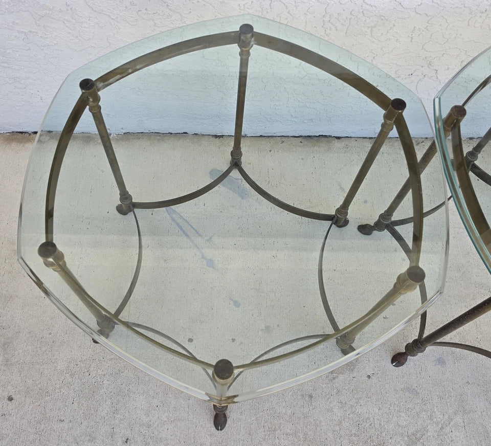Vintage Labarge Side Tables Brass Glass Hoof Footed Octagonal Pair