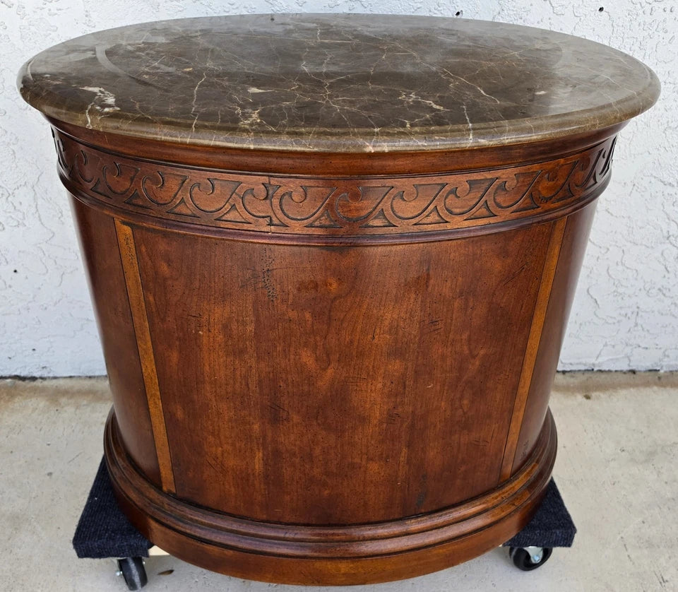 Henredon Style Mahogany & Marble Drum Center Side Bedside Table