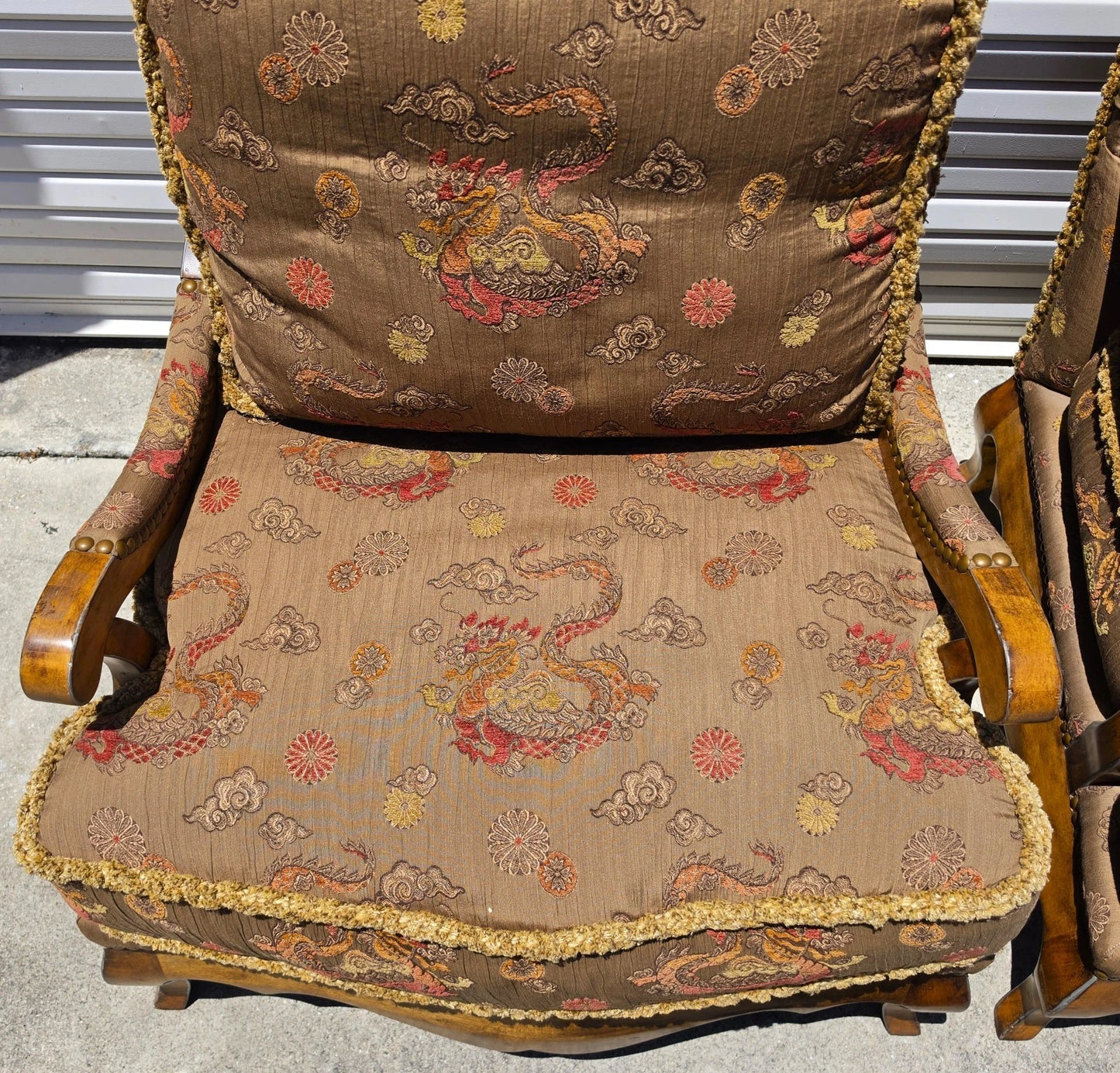 Classics French Louis XV Bergère Armchairs Chinoiserie Fabric Down Cushions