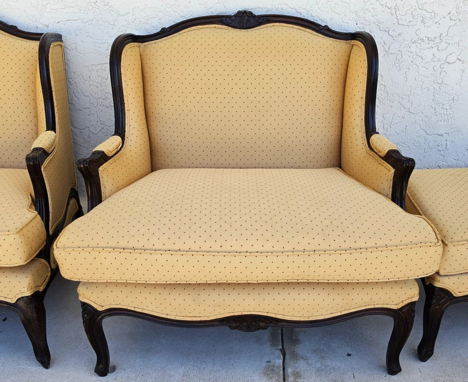 Pierre Deux Style French Country Provincial Bergere Lounge Chairs & Ottoman Pair