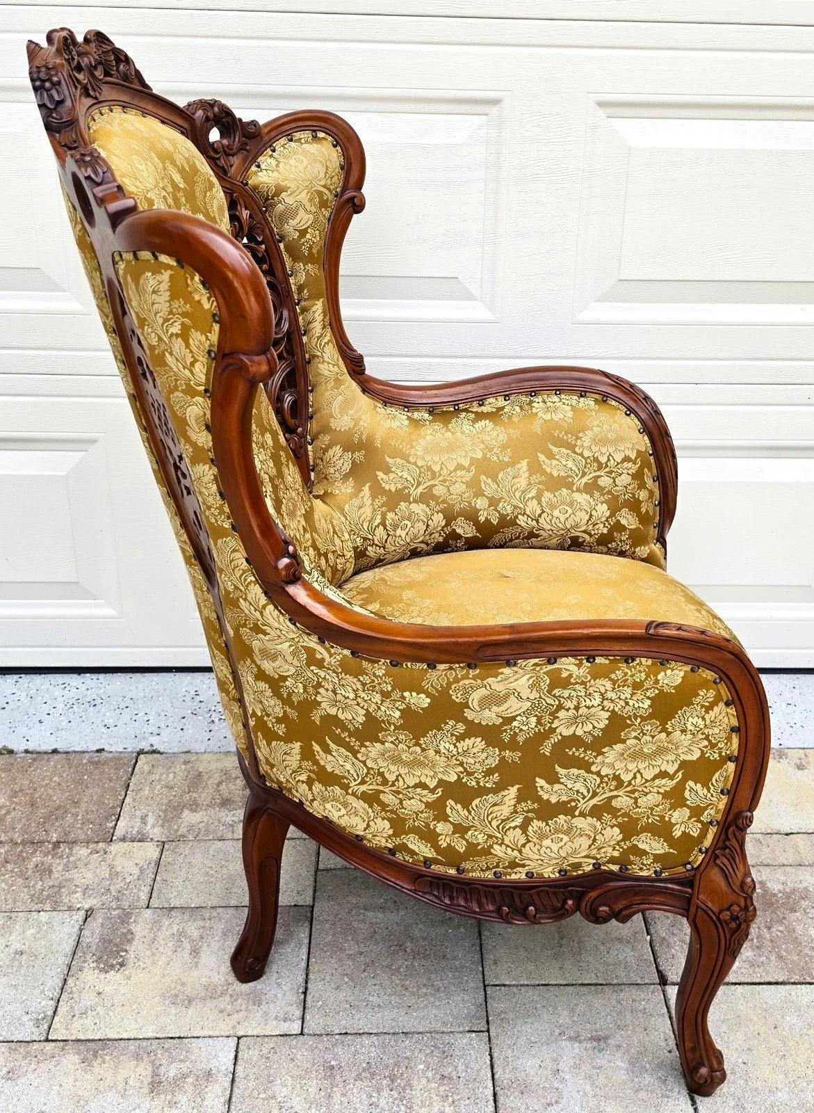 Victorian Rococo Revival Carved Bird Crest Music Room Wingback Armchair