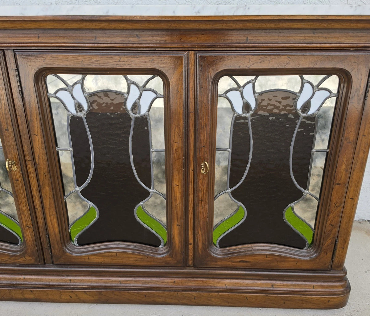 Drexel Et Cetera Art Nouveau Leaded Glass Marble Top Buffet Sideboard Dry Bar