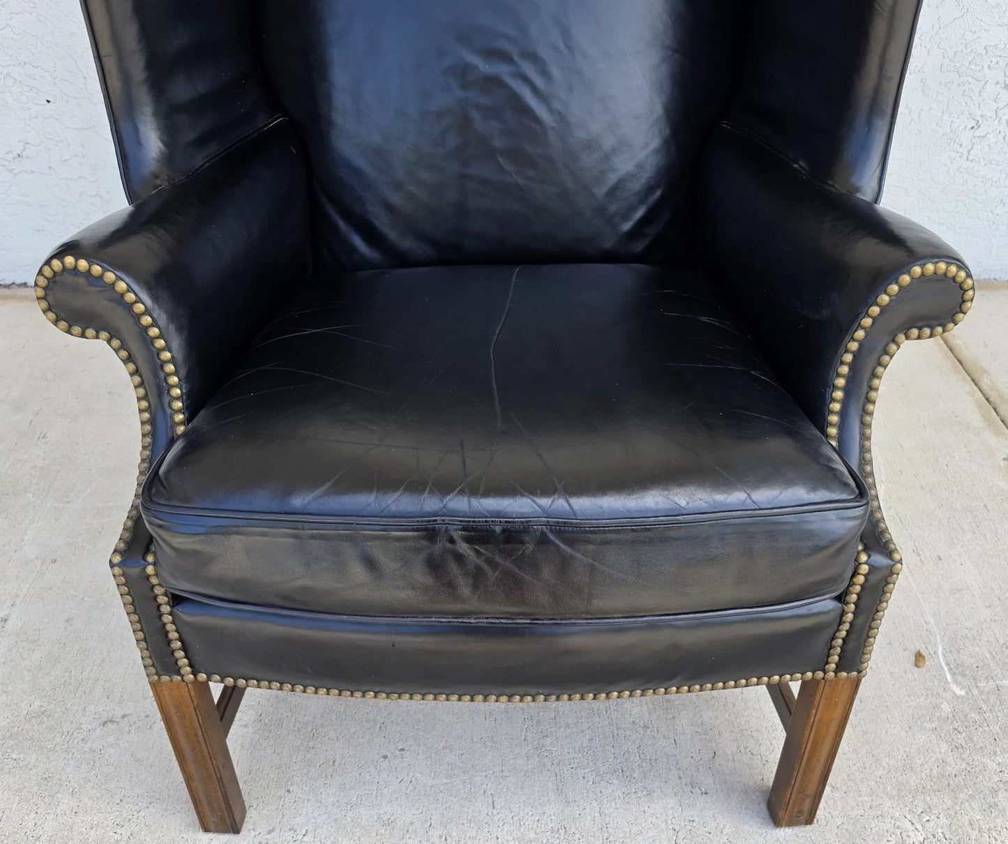 Classic Georgian Chippendale Black Leather Wingback Library Gentlemans Armchair