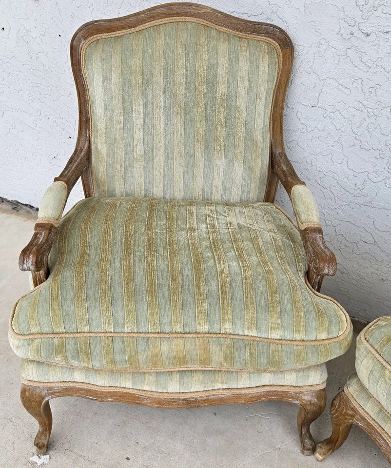 Plush Velvet French Country Fauteuil Armchairs Pair