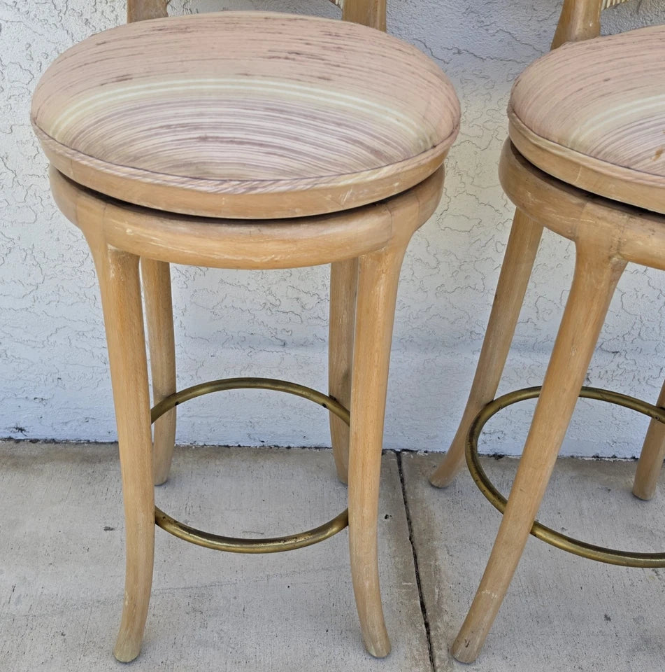 Vintage Venetian Grotto Style Carved Wood Palm Leaf Barstools Set of 2