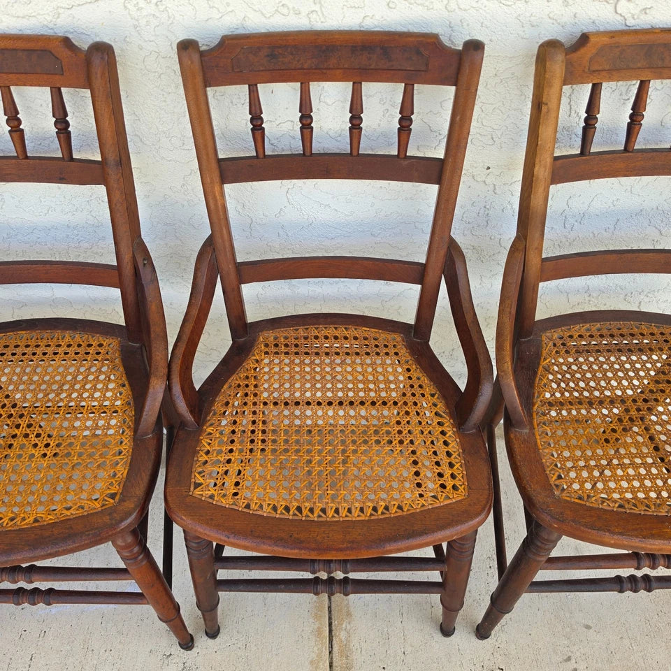 Antique Walnut Victorian Spindle Back Cane Seat Dining Chairs Set of 6
