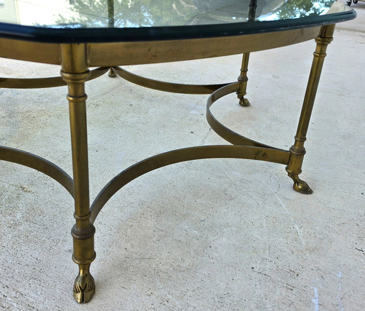 Vintage LaBarge Hexagonal Brass Hoof Footed Glass Top Coffee Table