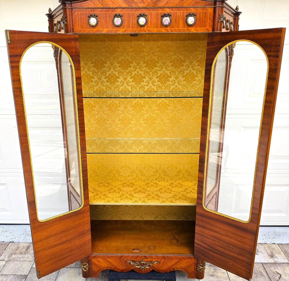 French Louis XV Marquetry Display Cabinet Figural Mounts Porcelain Medallions