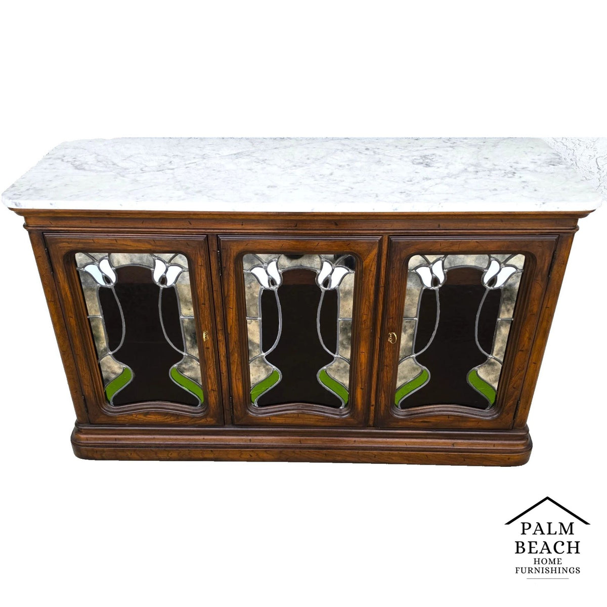 Drexel Et Cetera Art Nouveau Leaded Glass Marble Top Buffet Sideboard Dry Bar