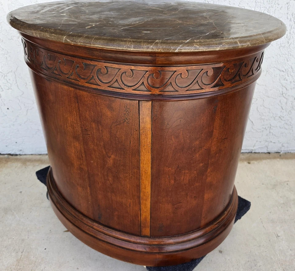 Henredon Style Mahogany & Marble Drum Center Side Bedside Table