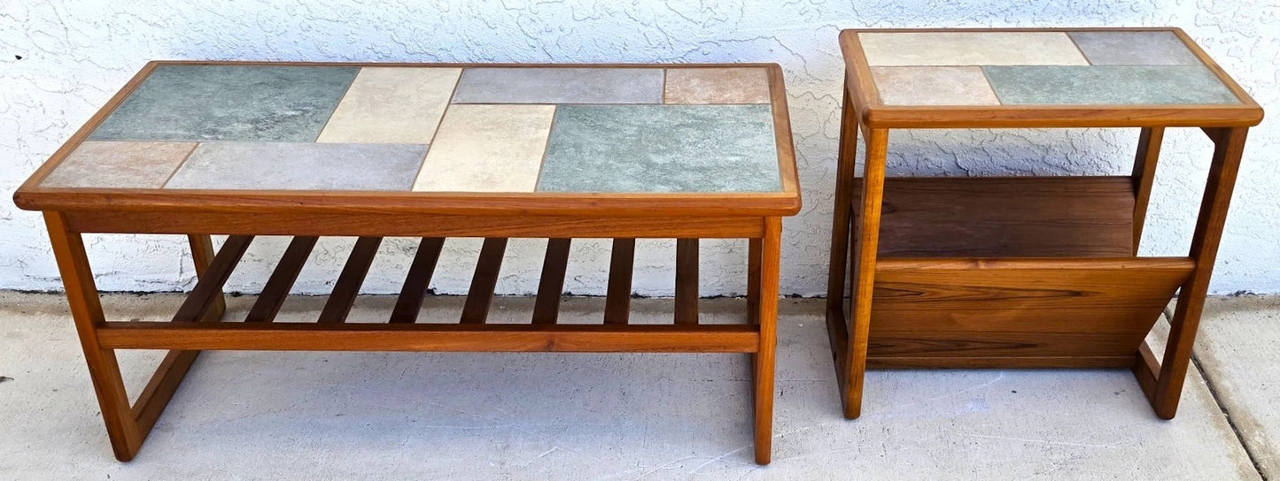 Vintage Mobelfabrikken Toften Danish MCM Solid Teak & Tile Coffee & Side Table