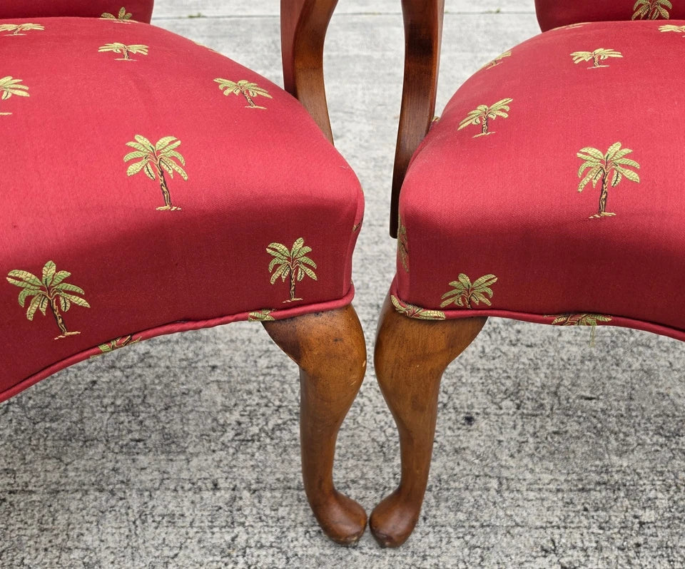 Vintage Queen Anne Gooseneck Armchairs with Palm Tree Upholstery Pair