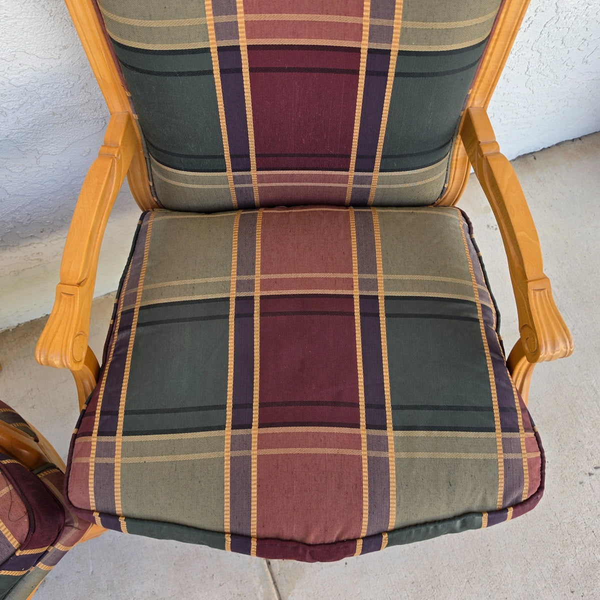 Vintage Louis XV French Provincial Armchairs Plaid Tartan Fauteuil Cabriole Legs