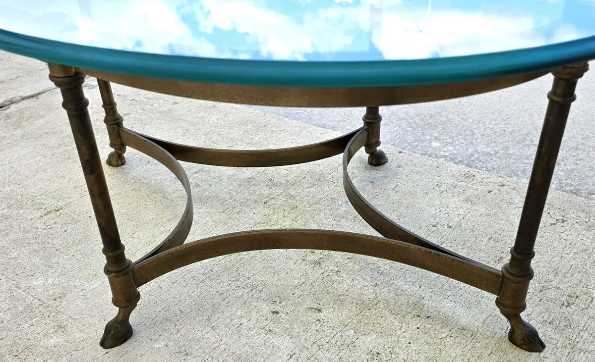 Vintage LaBarge Oval Brass Hoof Footed Glass Top Coffee Table Neoclassical
