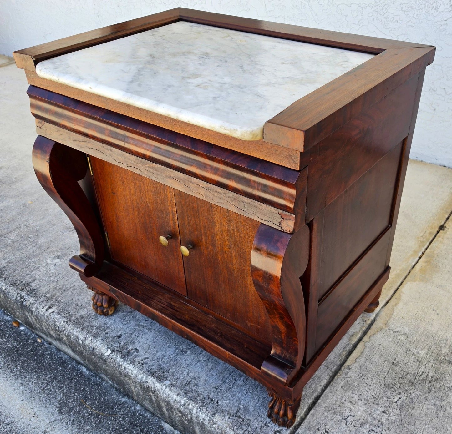 19th Century American Empire Flame Mahogany & Marble Cabinet Side Table