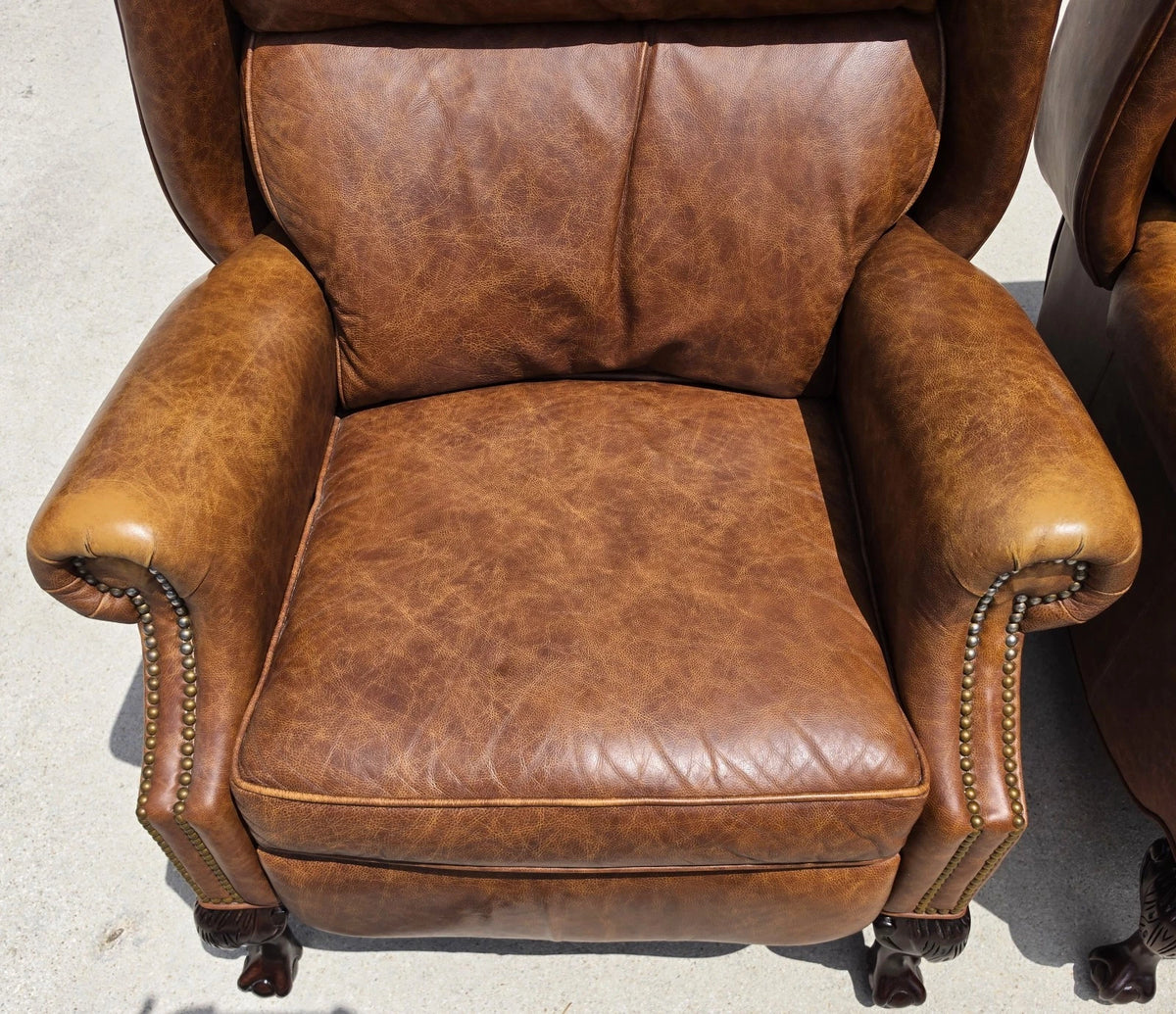 Vintage MOTIONCRAFT Chippendale Leather Wingback Recliners Ball & Claw Pair