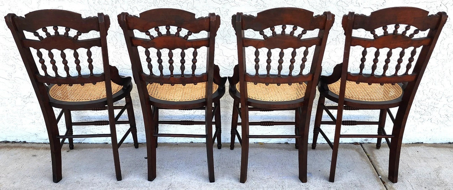 Antique Eastlake Victorian Style Walnut Cane Seat Side Dining Chairs Set of 4