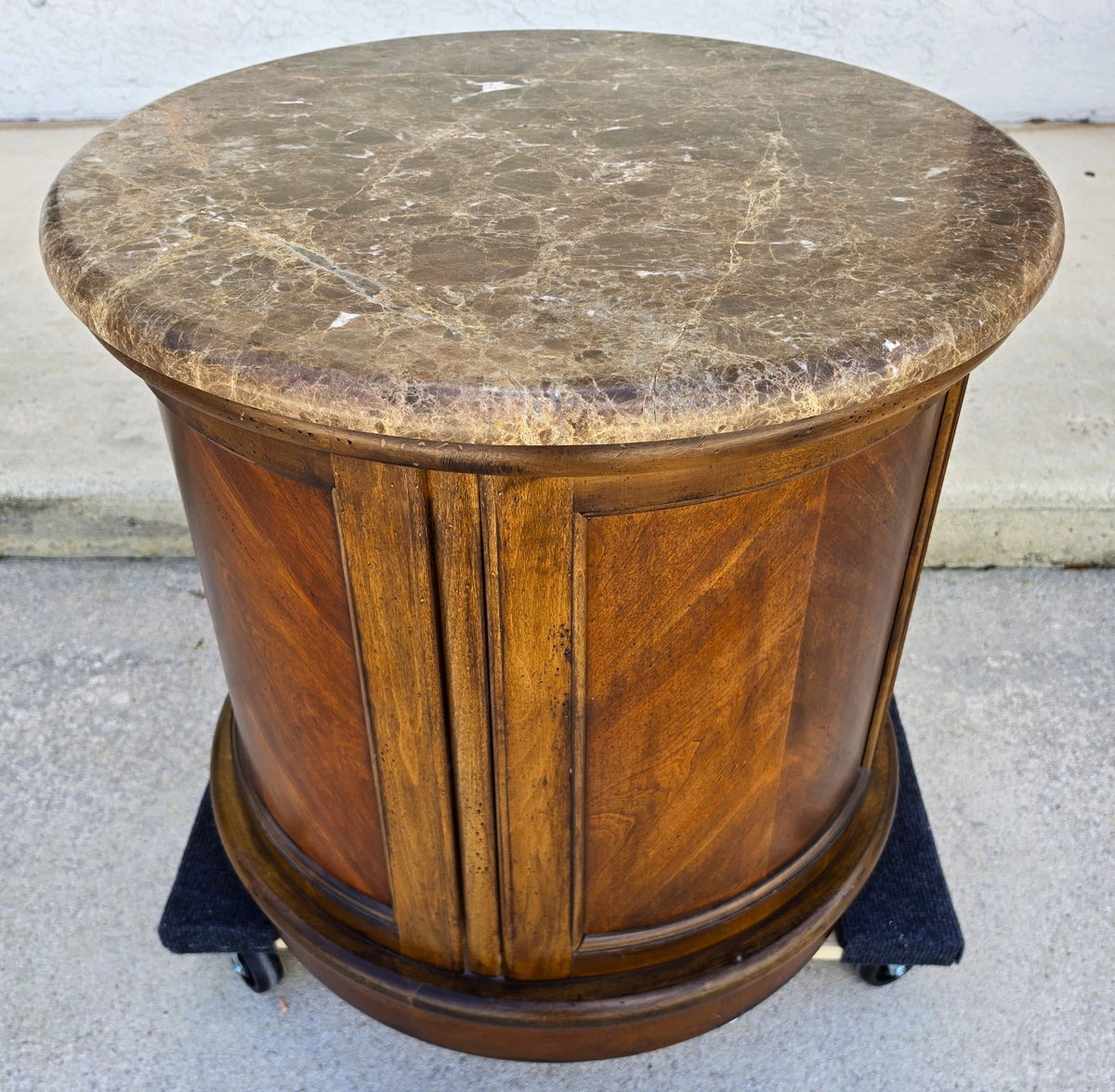 Vintage Round Brown Marble Top Drum Side Center Table With Storage Cabinet