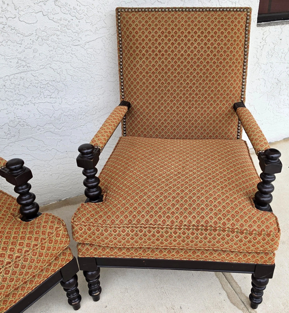 Jacobean Louis XIII Style Bobbin Turned Lounge Armchairs Ebonized Nailhead Pair