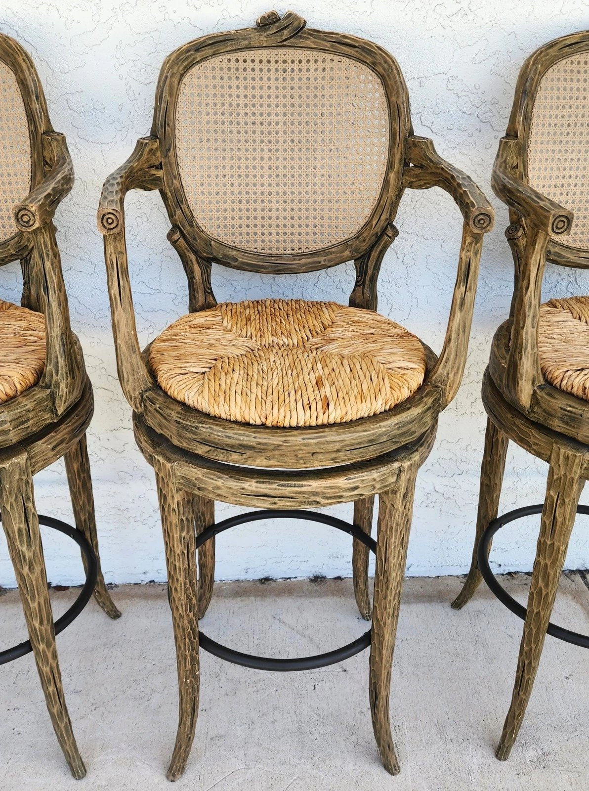 French Country Barstools Faux Bois Swivel Set of 3