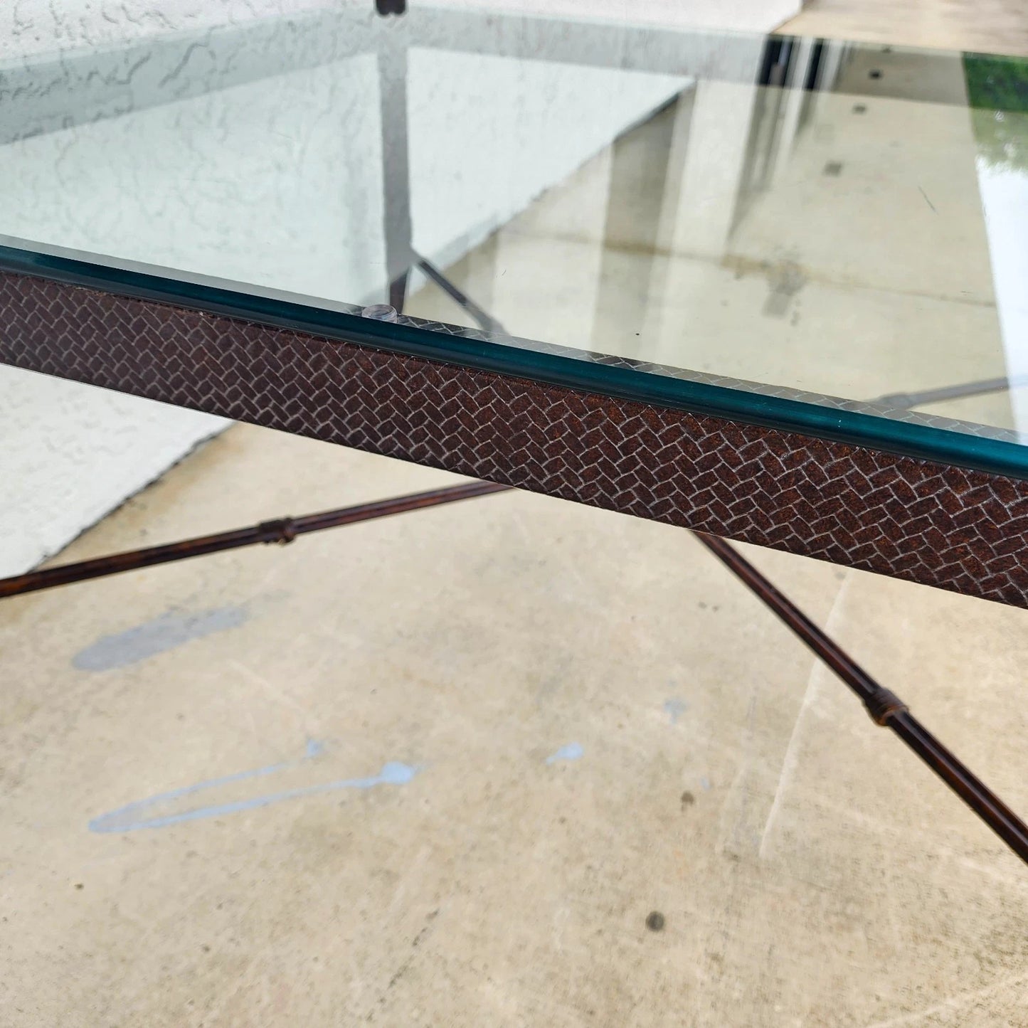 Maitland Smith Style Faux Metal Bamboo Glass & Leather Cocktail Table