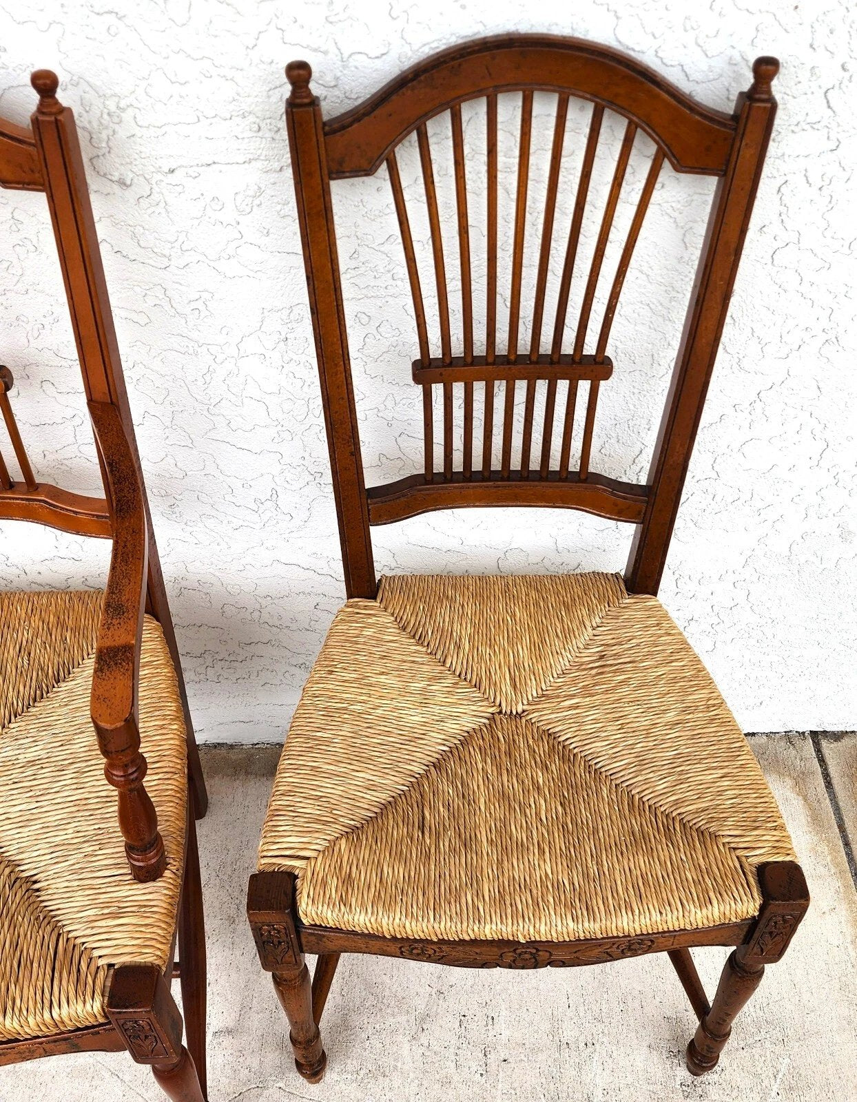 French Country Dining Chairs Rush Seats Wheat Backs with Cushions Set of 8