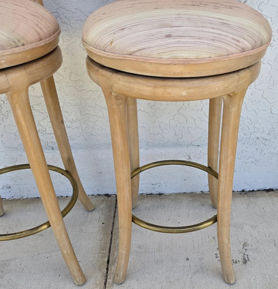 Vintage Venetian Grotto Style Carved Wood Palm Leaf Barstools Set of 2