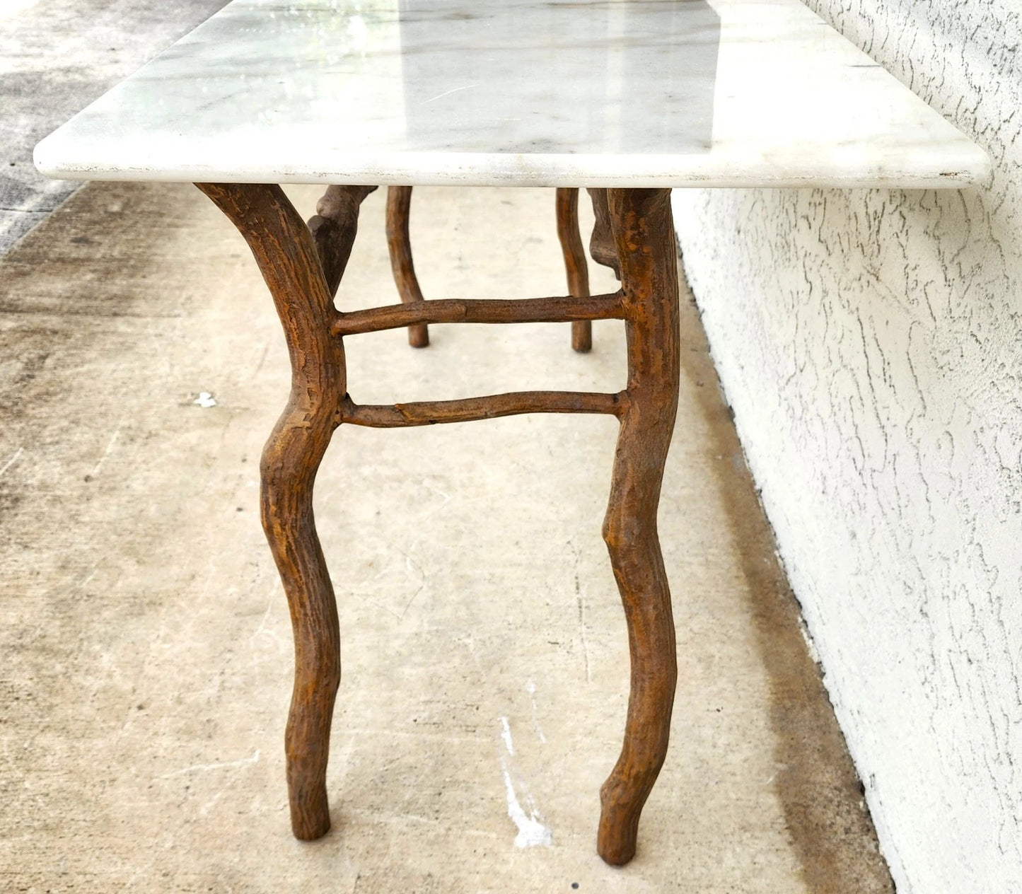 Vintage French Rustic Metal & Marble Faux Bois Branch Console Sofa Table