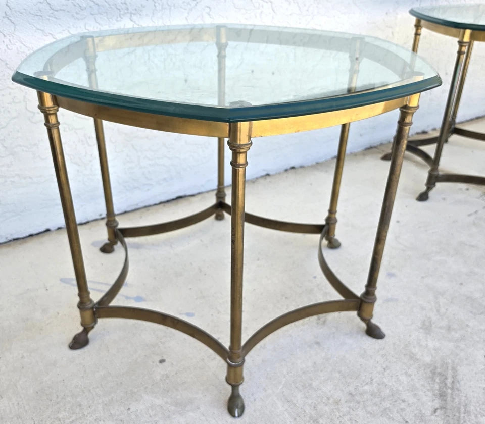 Vintage Labarge Side Table Brass Glass Hoof Footed Octagonal