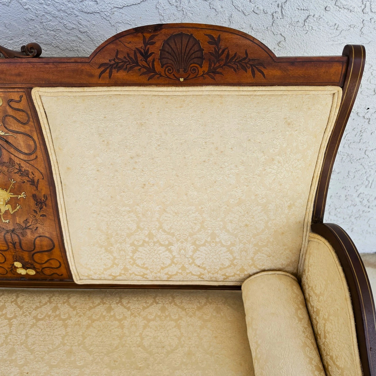 Antique Edwardian Inlaid Mythical Griffin Mahogany Double-Chair-Back Settee