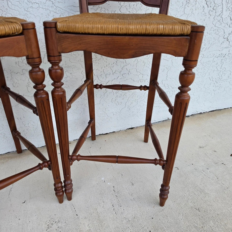 Ethan Allen Country French Wheat Sheaf Back Rush Seat Bar Stools Set of 2