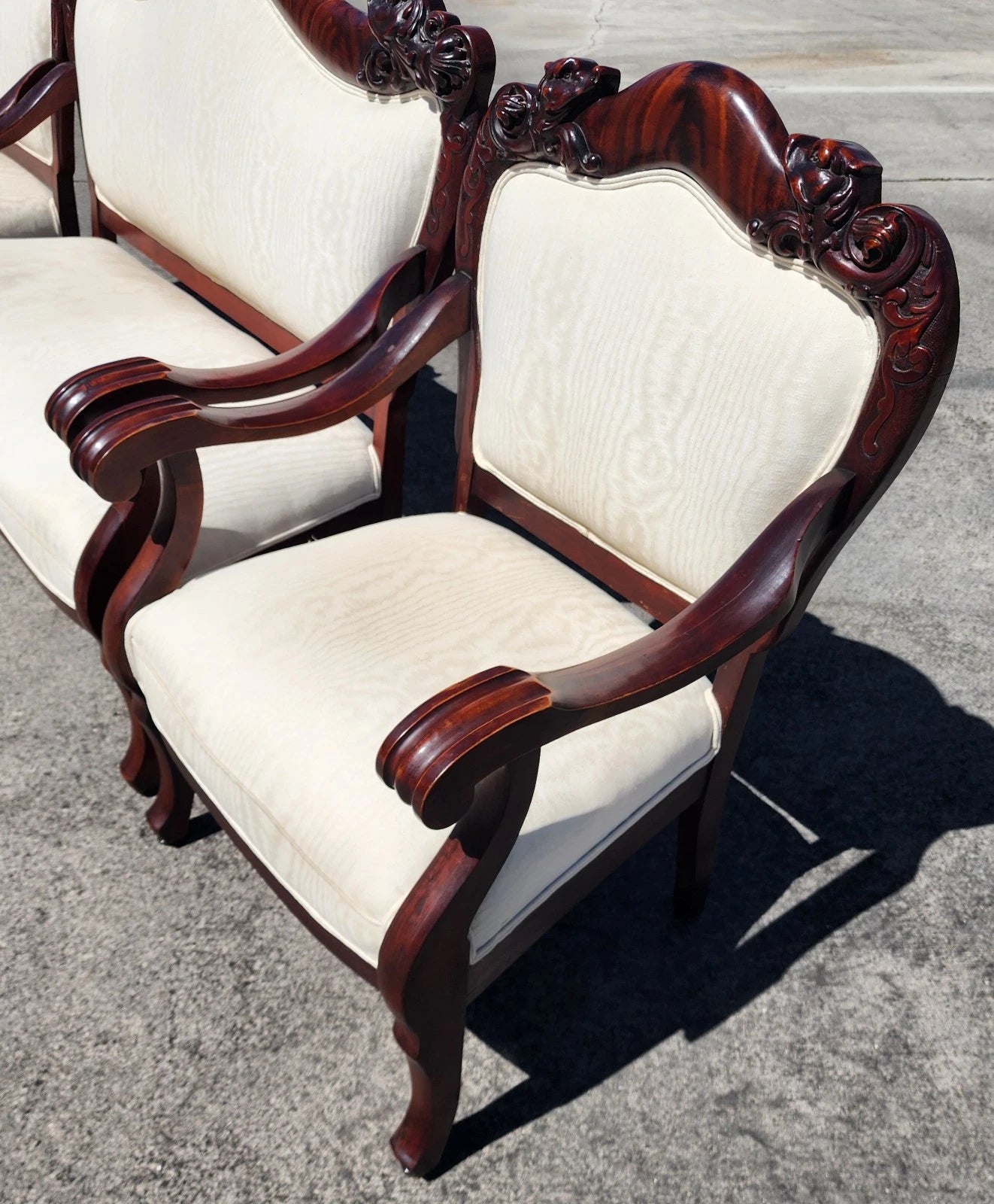 Antique Asian Rosewood Carved Foo Dogs Living Room Suite 3 Piece Sette 2 Chairs