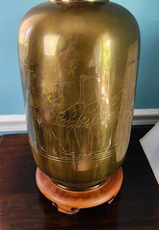 Vintage Asian Brass With Cranes Table Lamp