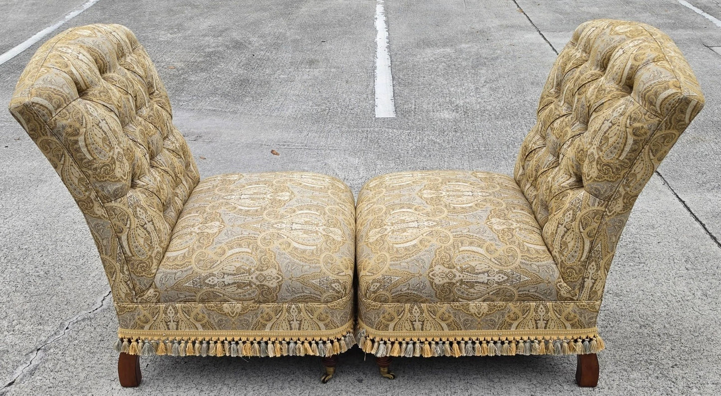 Vintage Hollywood Regency French Tufted Designer Slipper Lounge Chairs Pair