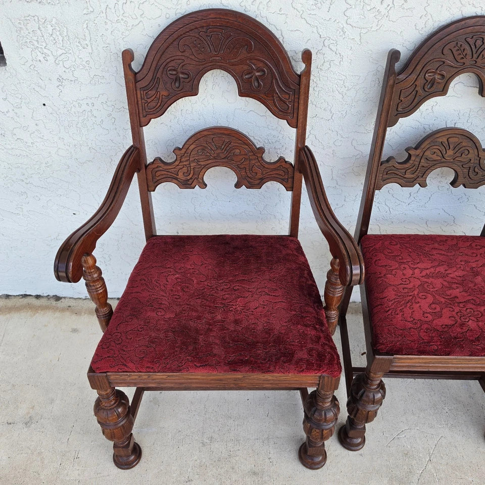 Antique English Oak Tudor Jacobean Dining Chairs 1930's Set of 4