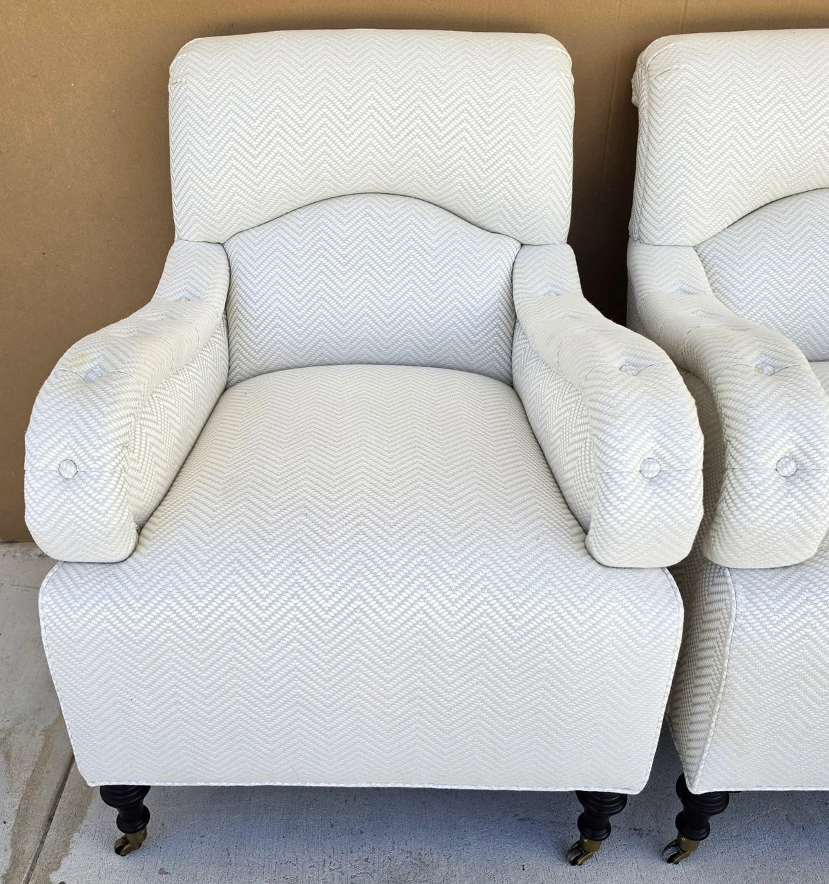 Pair Baker English Country Scroll Arm Lounge Chairs Tufted Herringbone Casters