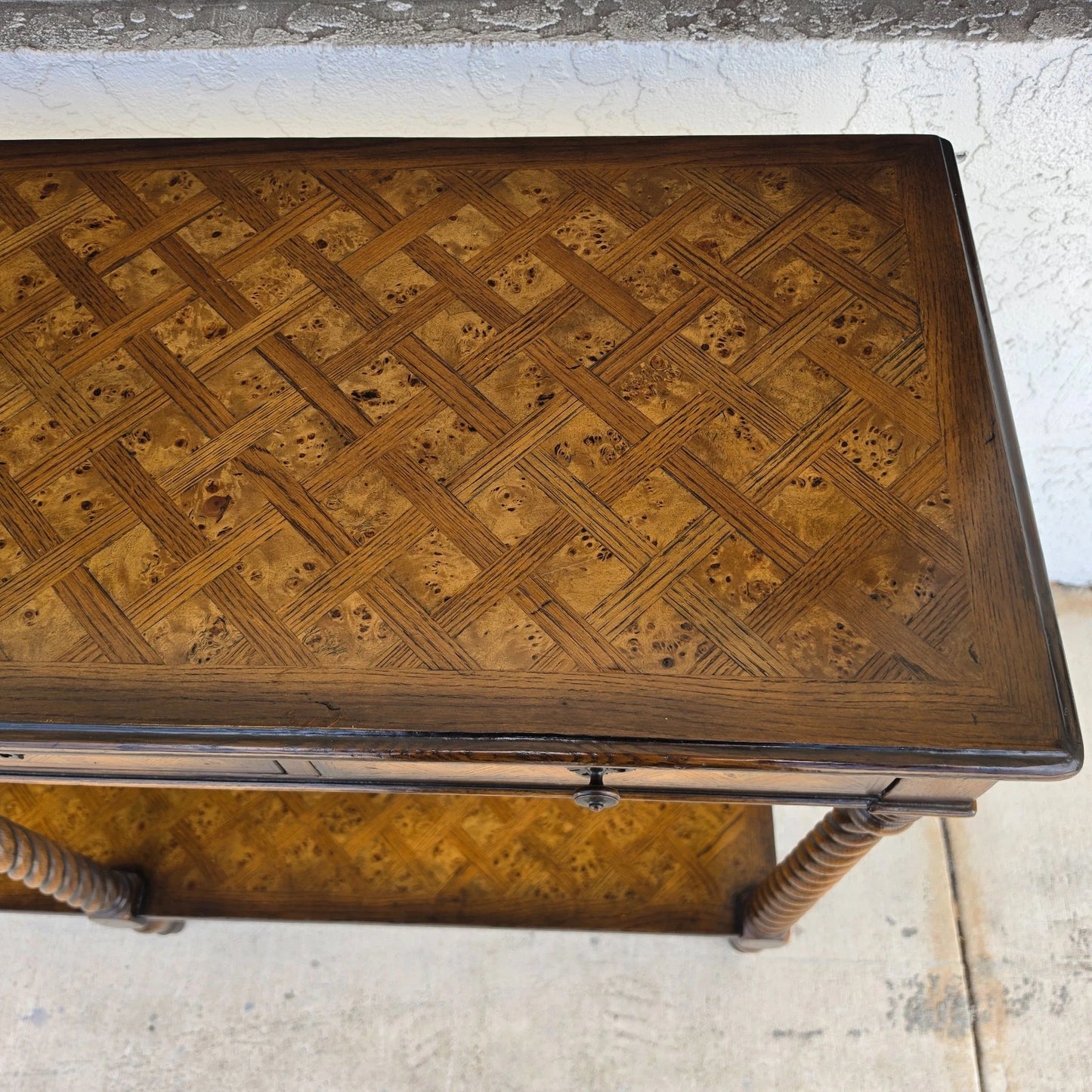 Theodore Alexander Burl Parquetry Console Table with 4 Drawers