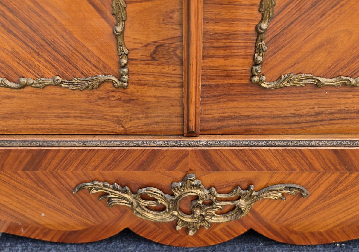 French Louis XV Marquetry Display Cabinet Figural Mounts Porcelain Medallions