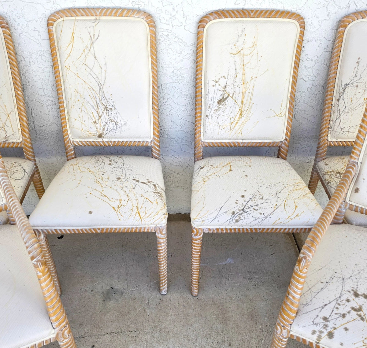 Set of 6 Coastal Carved Rope Solid Wood Dining Chairs With Abstract Upholstery