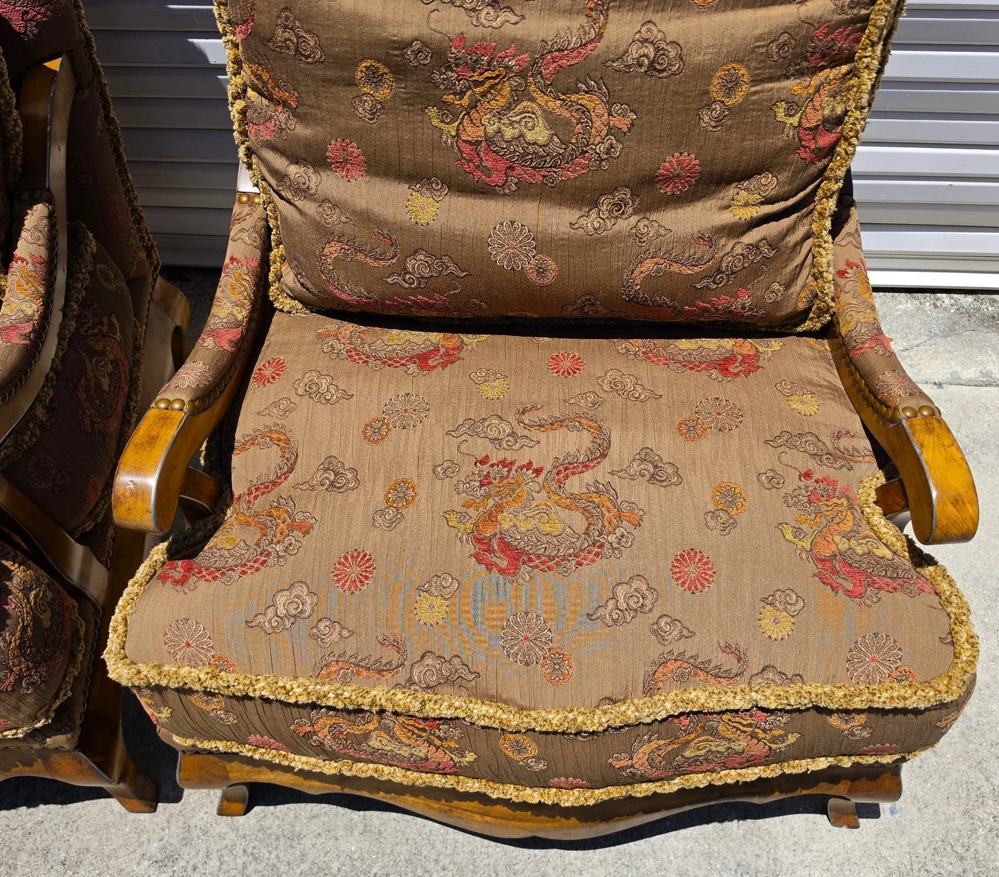 Classics French Louis XV Bergère Armchairs Chinoiserie Fabric Down Cushions
